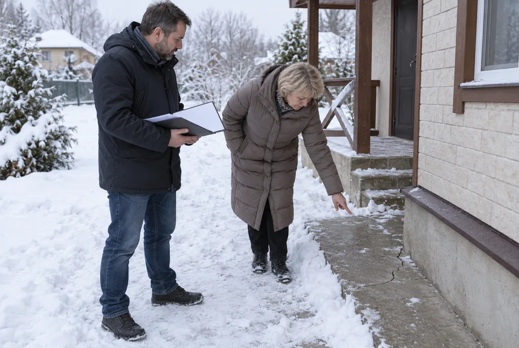 Зимой у крыльца загородного дома двое рассматривают тонкую трещину на отмостке; у одного в руках раскрытая папка с отчётом.