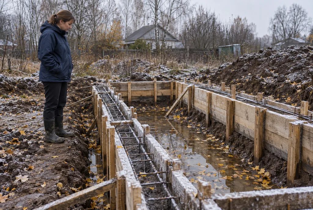 Осенний участок: котлован под фундамент с водой на дне, на досках опалубки иней, рядом хозяин в куртке смотрит вниз.