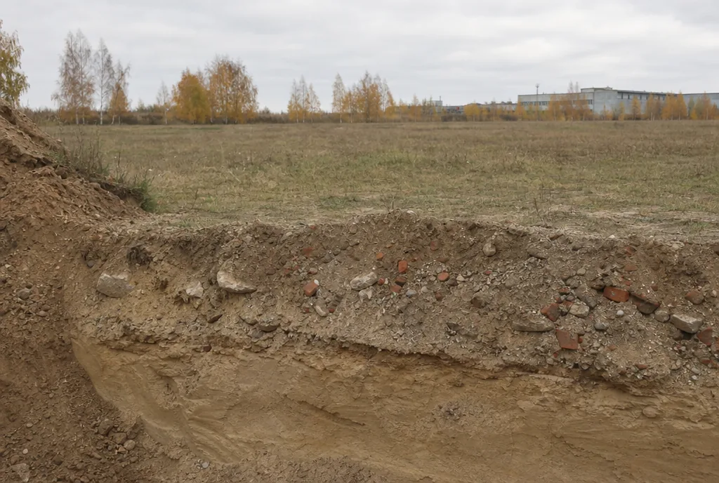 Ровная площадка с травой, на переднем плане срез неглубокой траншеи: в слое песка видны куски битого кирпича и бетона.