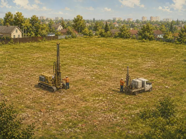 Участок во время изысканий: Склад 36 × 60 м: под травой — строительный мусор