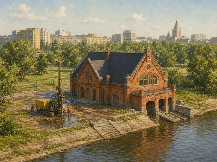 Участок во время изысканий: Эллинг на Москве-реке: вода почти у поверхности